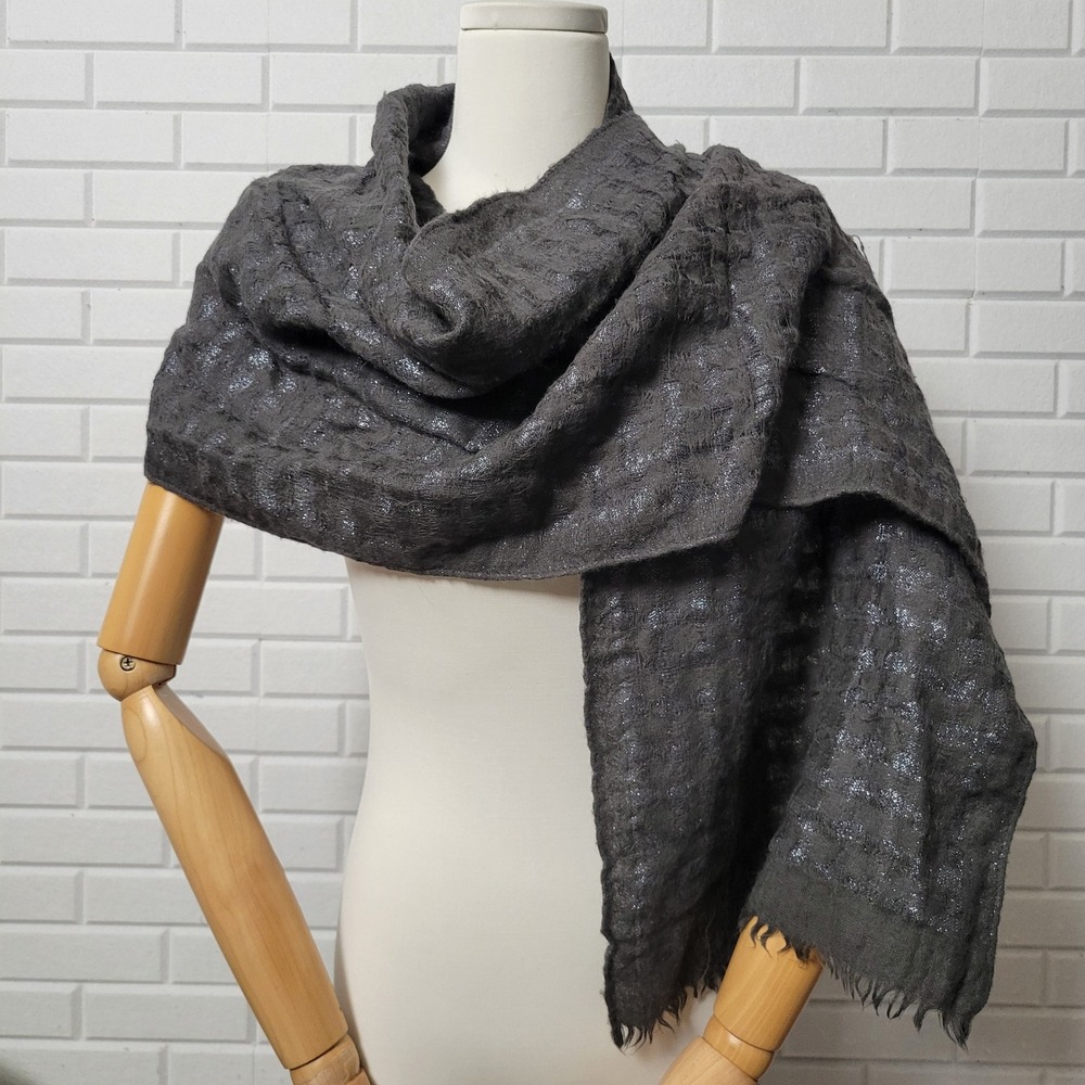 Eileen Fisher Scarf Charcoal Gray Wool Metallic Textured Oblong 15X62 Vtg